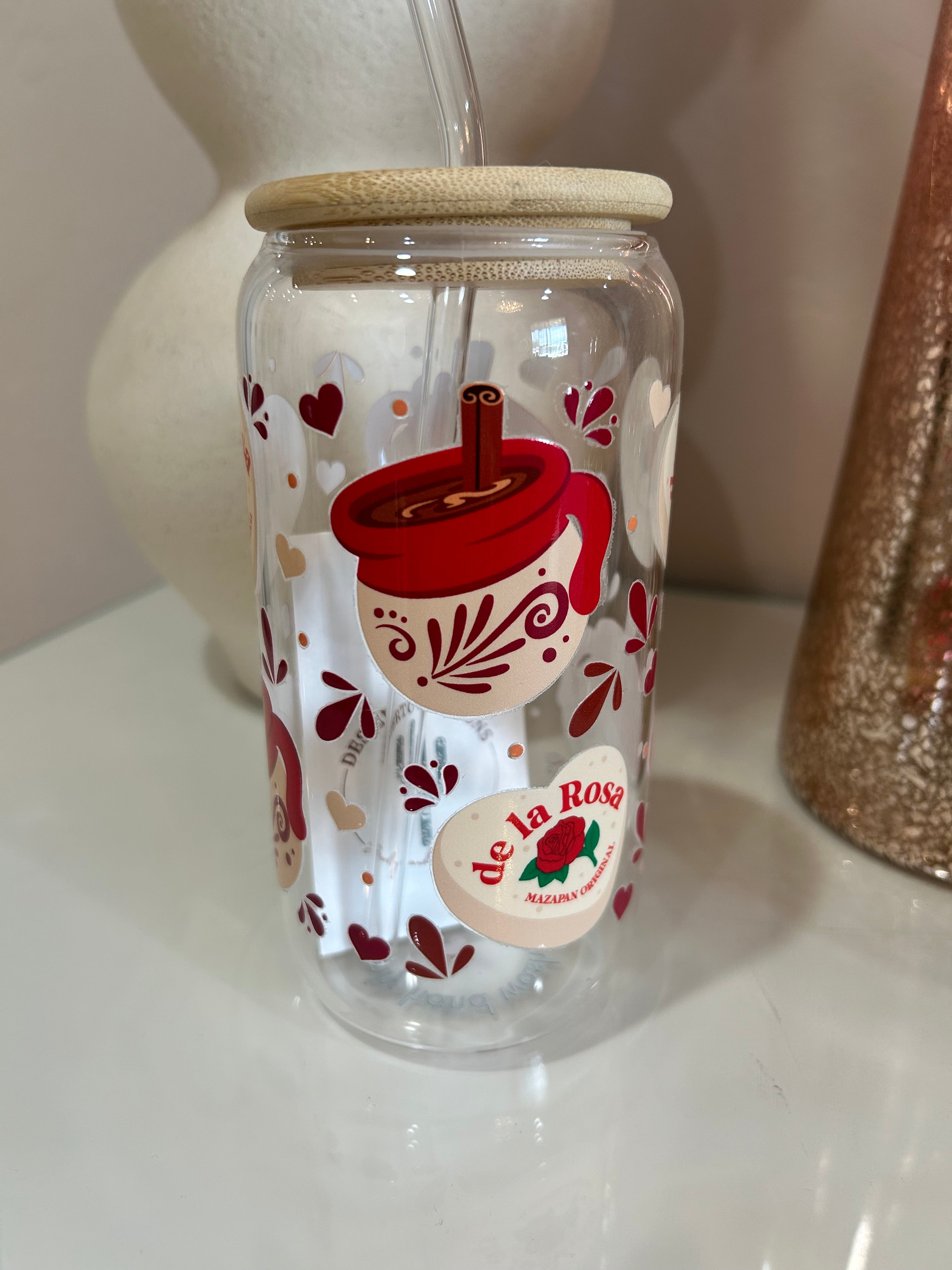 Clear glass tumbler cup with mazapan design.